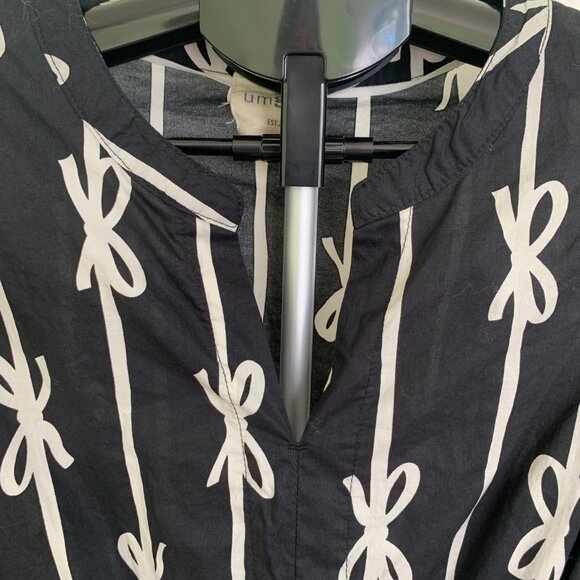 Umgee Womens Bow Tie Print Notched Contrast Velvet Trim Dress Ruffle Cotton Sz L - Picture 7 of 14